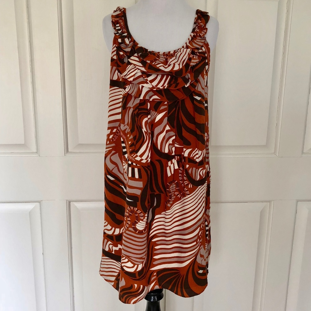 100% SILK RETRO BOHO MOD BROWN HIPPIE DRESS RUFFLE
